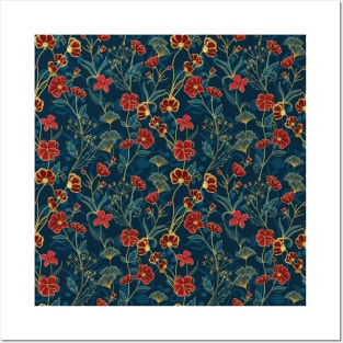 Ornamental Red, Blue and Gold Botanical Posters and Art